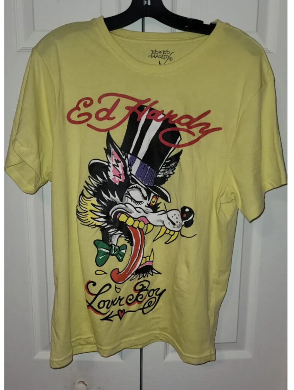 ED HARDY WOLF LOVER BOY YELLOW GRAPHIC TEE NWOT